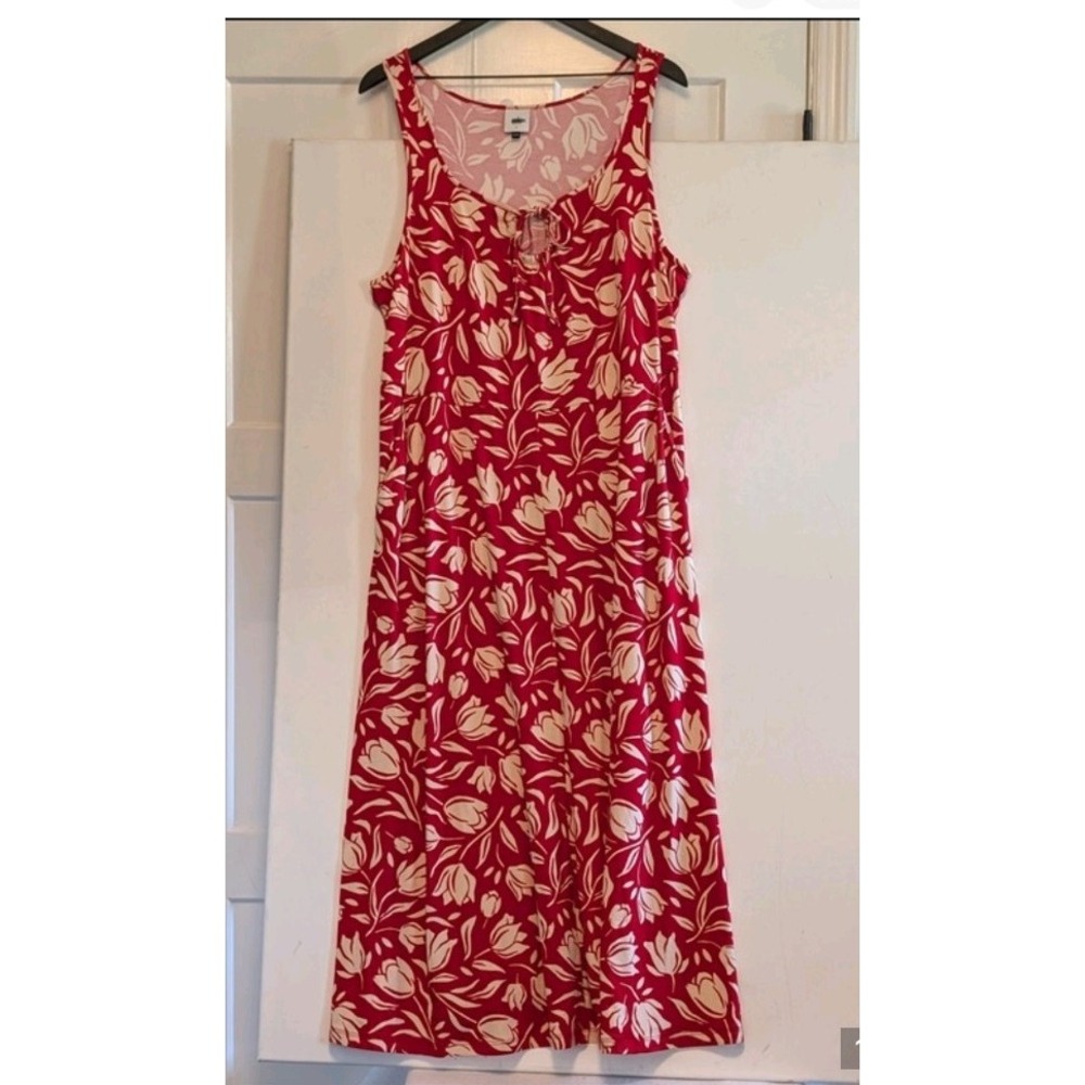 CAbi Red Beige Floral Knit Floral Dress Lg Scoop Neck Tie Front Summer style